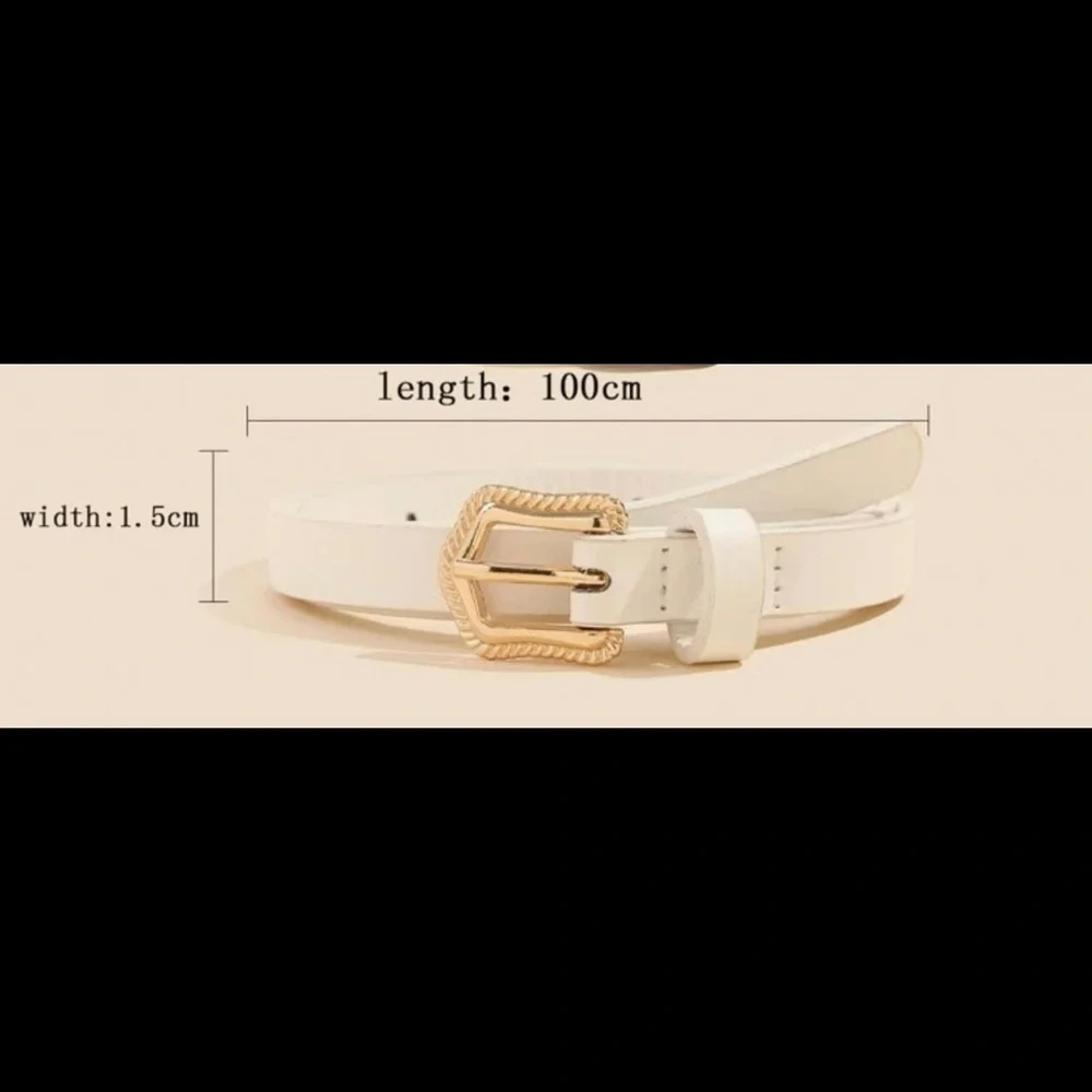 New White Faux Leather Everyday Wear Belt With Gold Tone Engraved Buckle